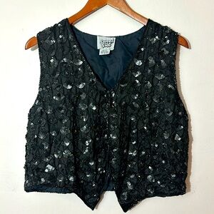 Vintage Sweet Sue Black 100% Silk Beaded Vest Top Size L